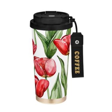 Imagem de STAYTOP Copo de café de aço inoxidável de 500 ml, caneca de café de viagem com isolamento de tulipa vermelha com tampa, xícara de café à prova de derramamento, copos portáteis reutilizáveis para