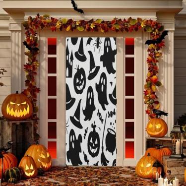 Imagem de Wassud Decoração de cobertura de porta de abóboras pretas de Halloween faixa interna para área externa decoração de casa de varanda grande decoração de porta da frente 89 x 199 cm