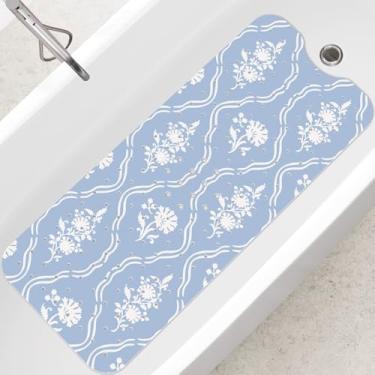 Imagem de SHUCHING Tapete de banho adulto para banheira antiderrapante 101 x 40 cm, tapete de banheira extra longo, antiderrapante, tapete de chuveiro para banheiro, sem mofo, lavável na máquina, flor branca