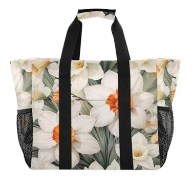 Imagem de Wassud Sacolas de compras reutilizáveis com estampa floral branca grande bolsa organizadora de lona impermeável para praia, piquenique, lavanderia, viagem