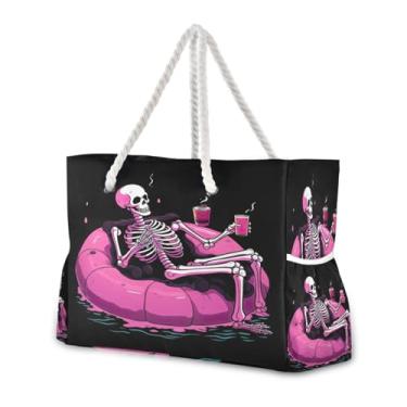Imagem de Wassud Bolsa de praia bonita esqueleto grande bolsa de praia para mulheres, impermeável, à prova de areia, bolsa de viagem com zíper e bolso para piscina academia acampamento