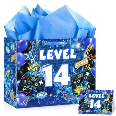 Imagem de Sacos de presente de aniversário de 14 anos de videogame, azul para jogadores de 14 anos, bolsa de embrulho de presente de 14 anos com alça Swith para jogos, 14 sacos de presentes com papel de seda e