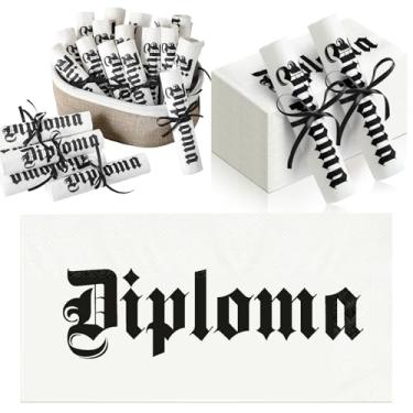 Imagem de Gilprop Conjunto de 100 guardanapos para convidados de diploma de graduação, vermelho, preto e branco, talheres enrolados, descartáveis, com fita e tesoura para celebração (diploma, preto, 100 peças)
