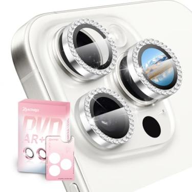 Imagem de ZSAUTHREE Protetor de lente de câmera Bling compatível com iPhone 15 Pro/15 Pro Max, vidro temperado 9H, bandeja de instalação em 1 passo, HD transparente/à prova de estilhaçamento/resistente a
