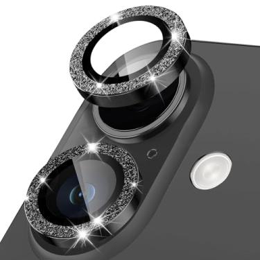 Imagem de Protetor de lente de câmera para iPhone 16 Plus, anel de metal de liga de alumínio individual com glitter, protetor de tela de vidro temperado 9H, protetor de tela de luxo HD antiarranhões acessórios
