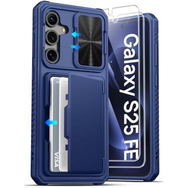 Imagem de ATATOO Capa carteira para Samsung Galaxy S25 FE com protetor de tela de vidro temperado HD [2 unidades], suporte de cartão embutido, capa para câmera deslizante, proteção contra quedas, capa rígida