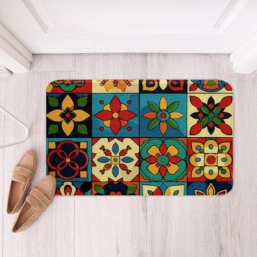 Imagem de Erosebridal Tapetes de banheiro coloridos mexicanos Talavera - Tapete de banho floral vintage, tapete de porta boêmio étnico exótico 50 x 81 cm para crianças e adultos, tapete de banheiro de flores de