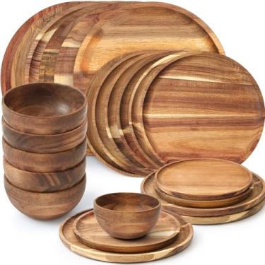 Imagem de Havawish Conjunto de 6 pratos e tigelas de madeira de acácia, conjunto de 6 pratos e tigelas de madeira, fácil de limpar, leve para pratos, lanches, sobremesas, prato clássico inquebrável