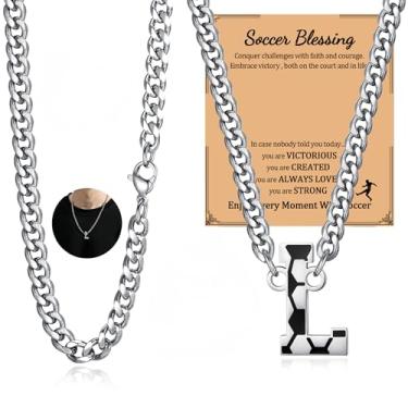 Imagem de NUKAYAI Colar de futebol com letra A a Z para homens, pingente de pingente de aço inoxidável, corrente de prata, acessórios de joias, material de 50,8 cm, colares personalizados, presentes de futebol