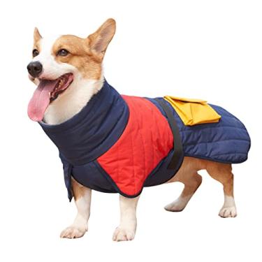 Imagem de Jaqueta de Inverno para Cães com Fleece Interno Gola Alta Cor Contraste Casaco Quente Médios e Grandes Bolso Acabamento à Prova d Água Cordão Alça Ajustável Fecho Zíper na Espalda Cintos no Peito Esti