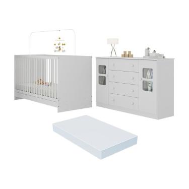 Imagem de Berço 3 Em 1 Com Colchão Incluso E Cômoda 2 Portas 4 Gavetas Brisa Multimóveis MP4755 Branco