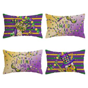 Imagem de ZAEW Máscaras Gnomos Chapéus Miçangas Flor de Lis Mardi Gras Conjunto de 4 Fronhas de Carnaval Decorações para Casa de Fazenda Sofá Sofá Capa de Almofada Festa Decoração de Férias 30 x 50 cm