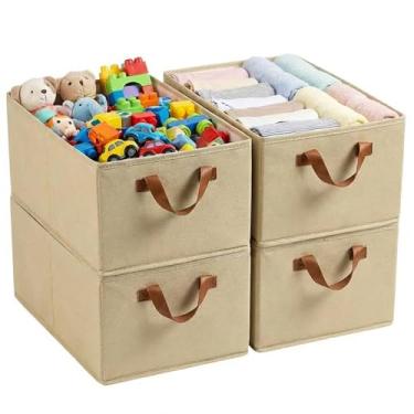 Imagem de BESWILL Pacote com 4 caixas de armazenamento, cestas de armazenamento dobráveis para prateleiras, organizadores de armário de tecido grande com alças para roupas, brinquedos, livros - organizadores de