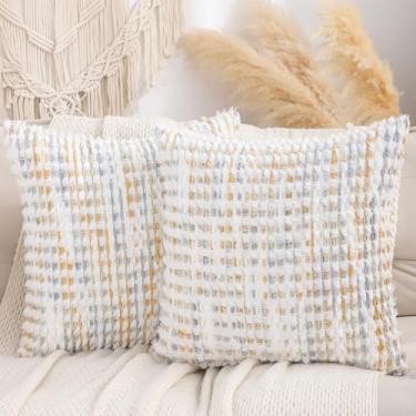 Imagem de LUOYEHK Boho Capas de almofada 45,7 x 45,7 cm, conjunto de 2 fronhas com tufos de chenille, capas de almofada neutra para sofá, cama, sala de estar, amarelo e branco
