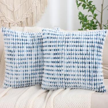 Imagem de LUOYEHK Boho Capas de almofada 45,7 x 45,7 cm, conjunto de 2 fronhas com tufos de chenille, capas de almofada neutra para sofá, cama, sala de estar, azul e branco
