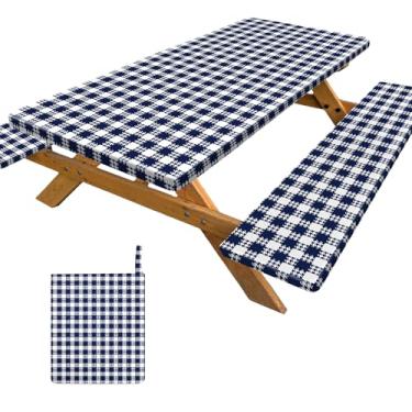 Imagem de Capa de mesa de piquenique com capas de banco, toalha de mesa portátil, bolso de armazenamento integrado, capas de mesa de piquenique com elástico à prova d'água essenciais para acampamento em trailer