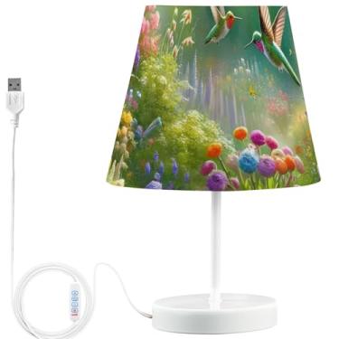Imagem de TSENQUE Candeeiro de mesa personalizado com impressão engraçada, lâmpadas de cabeceira USB modernas para mesinhas noturnas, luz LED regulável, lâmpada de quarto, estética primavera, beija-flores