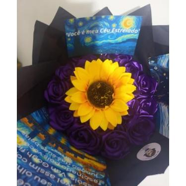 Imagem de Buquê de Rosas Eternas Van Gogh+Girassol (18 Rosas +2 Imagens+Led ou MSG) (Roxo)