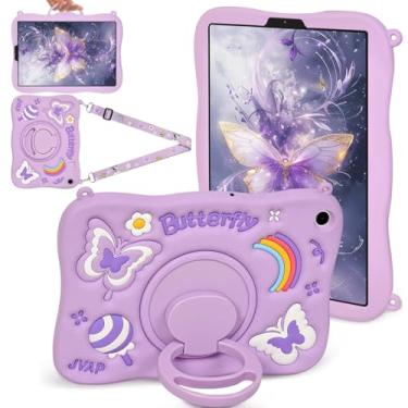 Imagem de Capa feminina de borboleta roxa fofa para Samsung Galaxy Tab A9 22.1 cm (SM-X110/X115/X117) com alça giratória em 3D de silicone macio para tablet Samsung A9 (borboleta roxa)