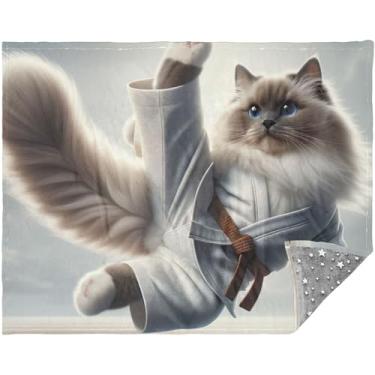 Imagem de TSENQUE Cobertor de sofá personalizado engraçado de gato ragdoll de karatê sherpa felpudo para mulheres 177,8 cm x 139,7 cm para sofá grande e confortável