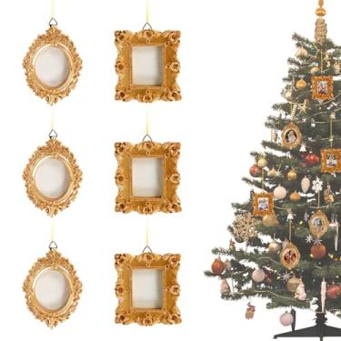 Imagem de Conjunto de 6 mini enfeites de moldura, pequenas molduras vintage de resina dourada com corda para pendurar para parede e mesa, decoração criativa DIY para casa, galeria, casamento e árvore de Natal