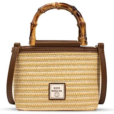 Imagem de QTKJ Bolsa de palha, bolsa de praia para mulheres, bolsas transversais tecidas à mão, mini bolsas de mão com alça criativa de costura de bambu, bolsas femininas de palha adequadas para viagens de