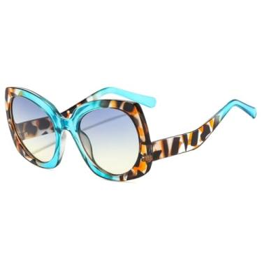Imagem de Óculos de Sol Femininos Modernos, Confortáveis e com Combinação de Cores, Lentes Degradê Olho de Gato, Armação Grande, Estilo Masculino, Proteção UV400 (Azul e Amarelo)