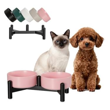 Imagem de Conjunto de tigelas elevadas de cerâmica para cães - Pratos duplos elevados com suporte de aço inoxidável - Tigelas de comida e água para cães pequenos e gatos internos - cada uma comporta 1,6 xícaras