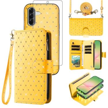 Imagem de Asuwish Capa de celular para Samsung Galaxy A56 5G carteira com zíper destacável capa de celular magnética com protetor de tela alça transversal alça com glitter compartimentos para cartão A 56 56A