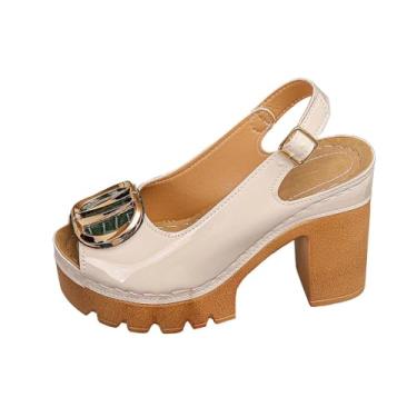 Imagem de Sandálias femininas de verão sólidas com boca de peixe salto alto PU plataforma casual confortável, Caqui, 38