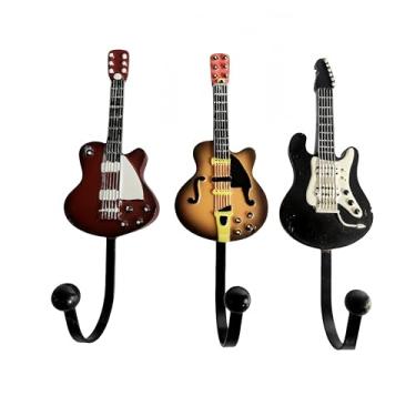 Imagem de 3 ganchos de parede vintage em forma de instrumento musical – decoração de pendurar de madeira, baixo e violino/harpa