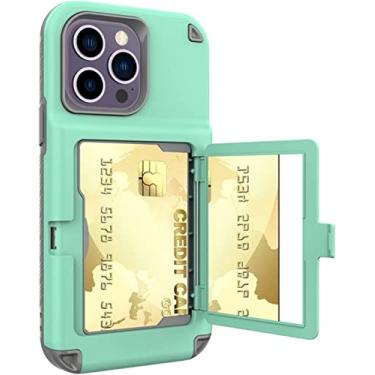 Imagem de FULNES Capa para iPhone 14/14 Plus/14 Pro/14 Pro Max, capa amortecedora premium com suporte de cartão espelho embutido resistente a impactos capa protetora de corpo inteiro (cor: verde, tamanho: 14 Pro 6,1 polegadas)