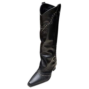 Imagem de Botas femininas estilo caubói ocidental com detalhe de metal, salto grosso, plataforma no tornozelo, para outono e inverno, casual, meio da panturrilha, Preto, 36