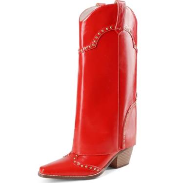 Imagem de RONILURN Botas femininas de tubarão, dobráveis, cano médio, salto grosso, bico fino, caubói, cowgirl, cravejada, para mulheres, Patente vermelha, 37