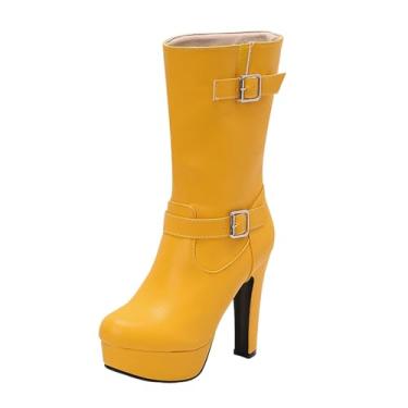 Imagem de Botas de salto alto até o meio da panturrilha para mulheres, fivela de cinto, plataforma aquática, Amarelo, 39