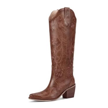 Imagem de wetkiss Botas femininas caubói, cano alto, botas de cowgirl, com bordado floral, bico fino, salto grosso, retrô, vintage, clássica, botas altas para mulheres, Floral marrom avermelhado caramelo, 38