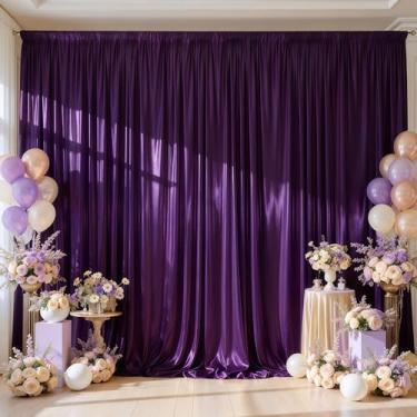 Imagem de Cortinas de fundo de cetim roxo com 2 painéis – Cortinas fotográficas com glitter para chá de bebê, pano de 25 x 3 m, sem rugas para festa de aniversário, formatura, casamento, palco, fundo