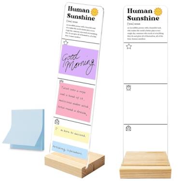 Imagem de Quadro de notas para monitor com base de madeira removível, suporte de notas adesivas portátil, placa de mensagem de acrílico com luz do sol humana, conjunto de mesa de escritório, notas adesivas 100