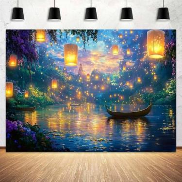 Imagem de 2 x 1,5 m de conto de fadas, céu noturno, palácio, castelo, lanterna encantada, flutuante, lago, menina, festa de aniversário, príncipe, beleza, casamento, festival, decoração de chá de bebê, faixa de