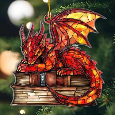 Imagem de Enfeites de dragão para árvore de Natal, dragão, dormir, livros, enfeite de acrílico, decoração de livros para pendurar na árvore de Natal, livro de dragão, decoração de casa para amantes de livros,