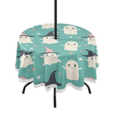 Imagem de Wassud Toalha de mesa redonda para uso ao ar livre com furo de guarda-chuva, padrão de Halloween, toalhas de mesa de 152 cm para aniversário, casa de fazenda, cozinha