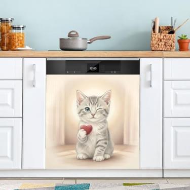 Imagem de ATTX Capa de ímã para lava-louças de gatinho malhado do Dia dos Namorados | Adesivo decorativo de eletrodomésticos de 58 x 66 cm para armários domésticos e eletrodomésticos #416