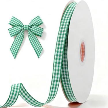 Imagem de Fita guingão verde e branca de 9,5 cm, fita quadriculada verde de 50 metros para embrulho de presente, fitas xadrez de búfalo para artesanato, costura faça você mesmo, laços de cabelo, decorações de