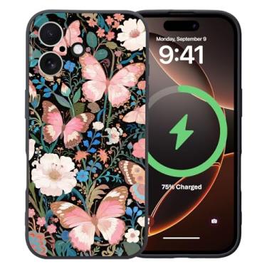 Imagem de MAYCARI Linda capa borboleta rosa flor para iPhone 16 Pro Max de 6,9 polegadas, compatível com Magsafe, capa de borracha gel macia de silicone líquido de ajuste fino com forro de microfibra à prova de