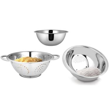 Imagem de Jogo de Cozinha Aço Inox Prime 3 Peças Escorredor de Arroz, Escorredor de Macarrão e Bowl - Yangzi