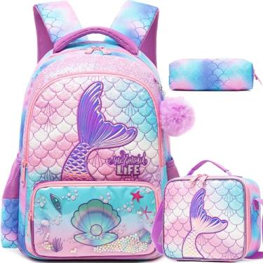 Imagem de Meetbelify Mochilas escolares infantis para meninas e meninos com lancheira para estudantes do ensino fundamental, 01 sereia, 16.5"X11.8"X7.8"