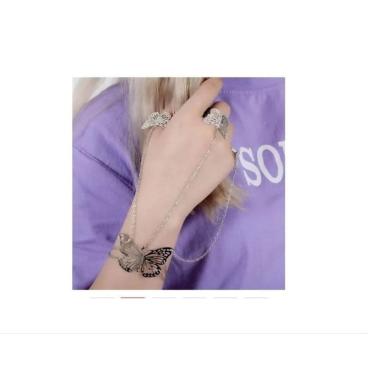 Imagem de Pulseira Anel Corrente Folheada Prateado Borboletas