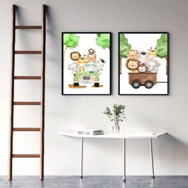 Imagem de Kit 2 Quadros Bichinhos Safari 33X24Cm Moldura Preta
