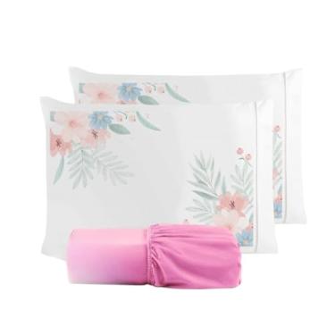 Imagem de Kit Jogo De Cama Lençol Liso Fronha Estampada Micropercal 400 Fios Ponto Palito(Flor Rosê Lençol Pink,Casal King 03 Peças)