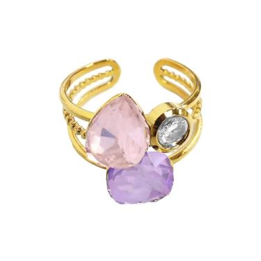 Imagem de Anéis geométricos de cristal de zircônia cúbica para mulheres, aliança de casamento banhada a ouro de aço inoxidável ajustável, pedra preciosa aberta, ajuste confortável, empilhamento de dedos